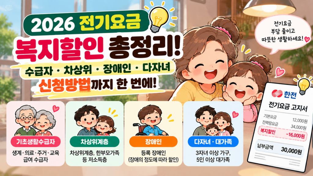 2026 전기요금 복지할인 기초생활수급자 차상위계층 장애인 다자녀 신청방법
