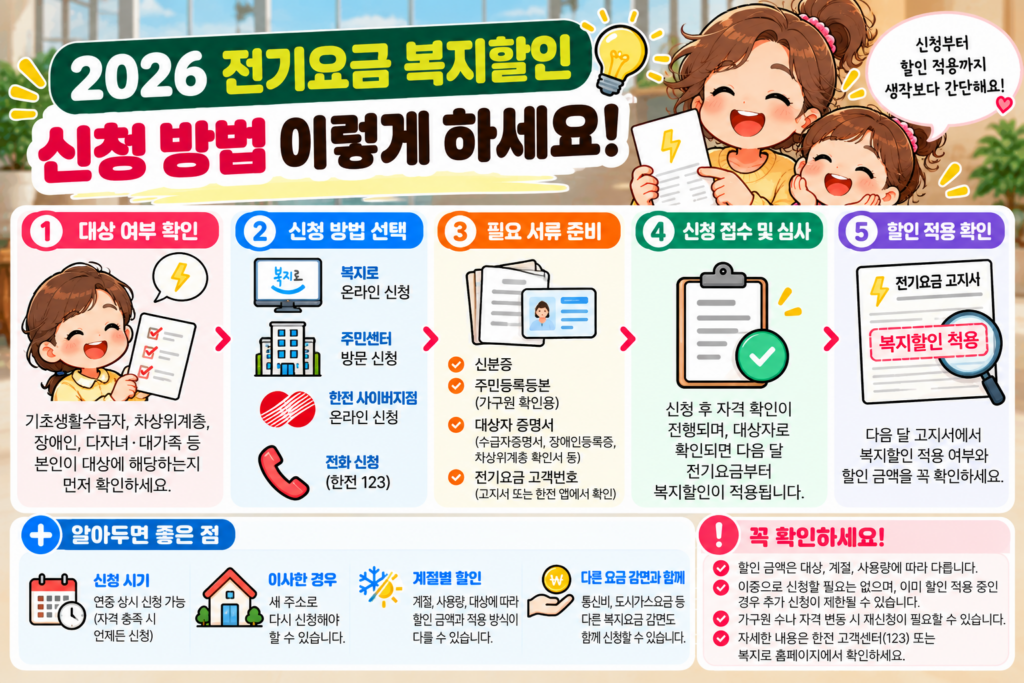 2026 전기요금 복지할인 신청방법 복지로 주민센터 한전 123 신청 절차