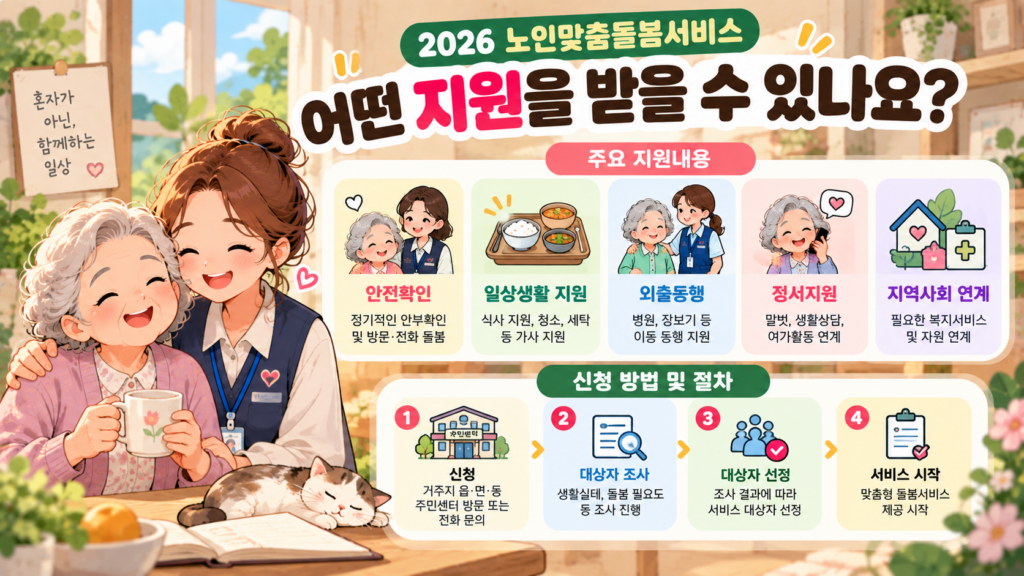 2026 노인맞춤돌봄서비스 지원내용 안전확인 일상생활 지원 외출동행 신청방법