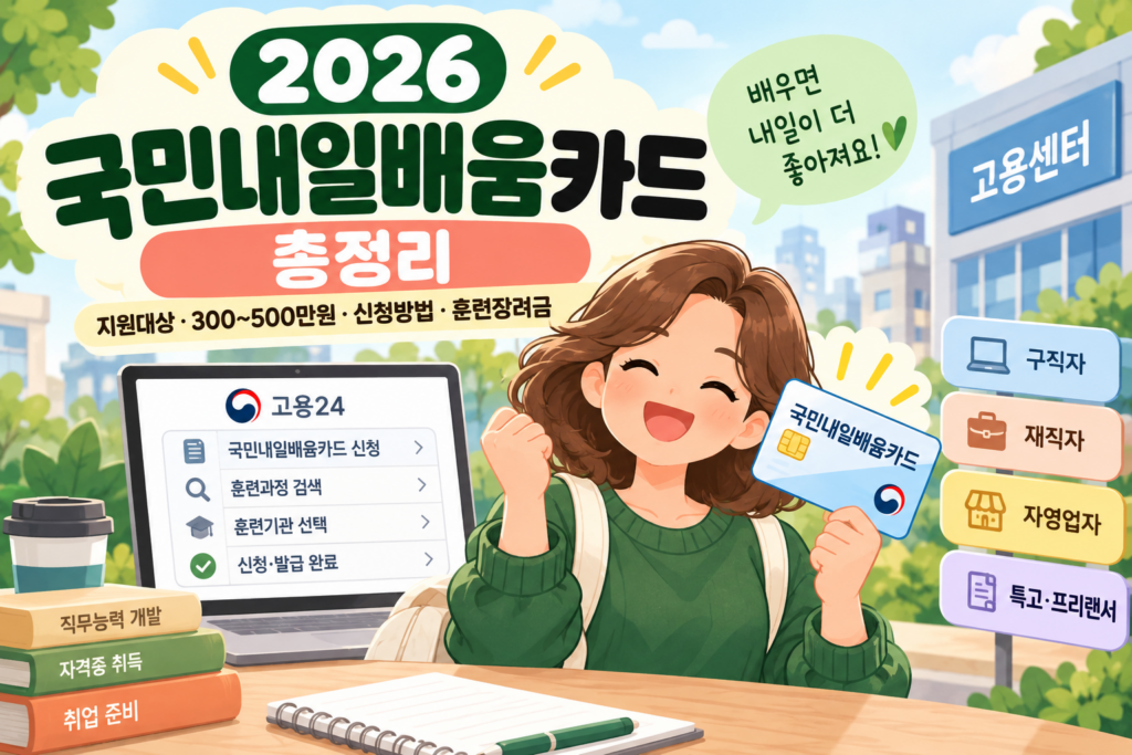 2026 국민내일배움카드 지원대상과 300~500만원 훈련비 지원한도, 고용24 신청방법 및 훈련장려금 안내 일러스트