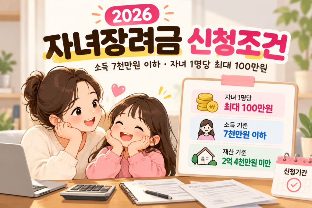 2026 자녀장려금 신청조건 소득 7천만원 자녀 1명당 최대 100만원 안내