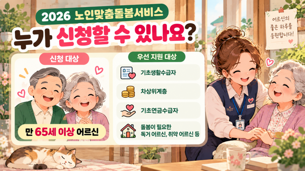 2026 노인맞춤돌봄서비스 신청 대상 65세 이상 기초생활수급자 차상위계층 기초연금수급자