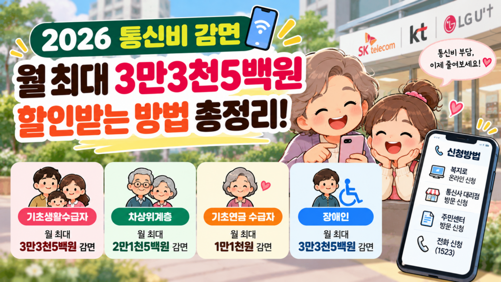2026 통신비 감면 기초생활수급자 차상위계층 기초연금수급자 월 최대 3만3500원 할인