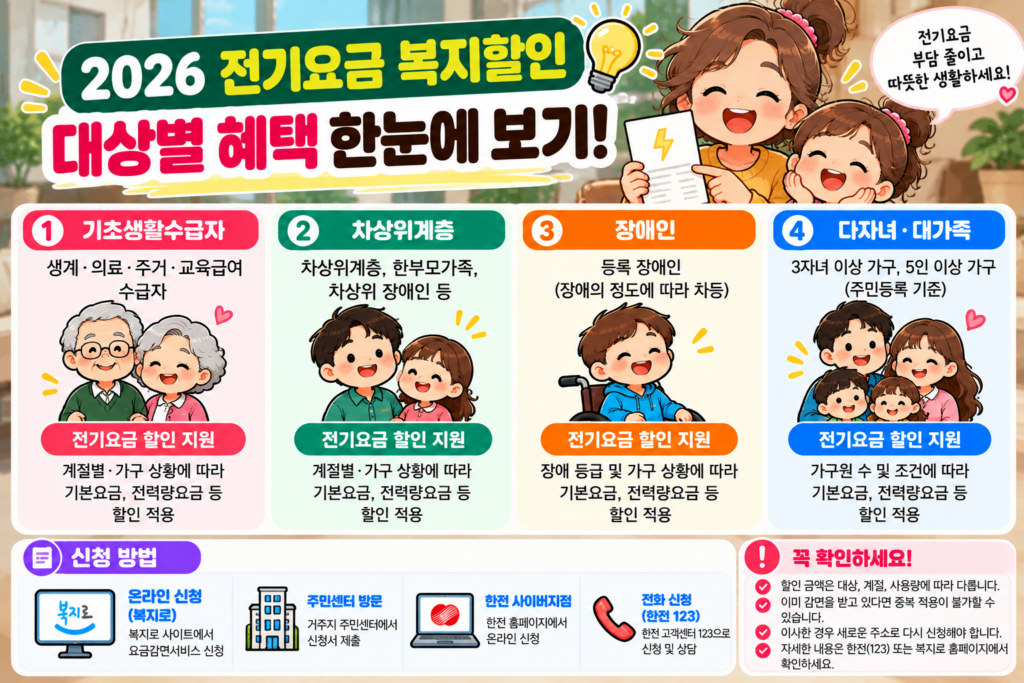 2026 전기요금 복지할인 대상 기초생활수급자 차상위계층 장애인 다자녀 대가족 혜택