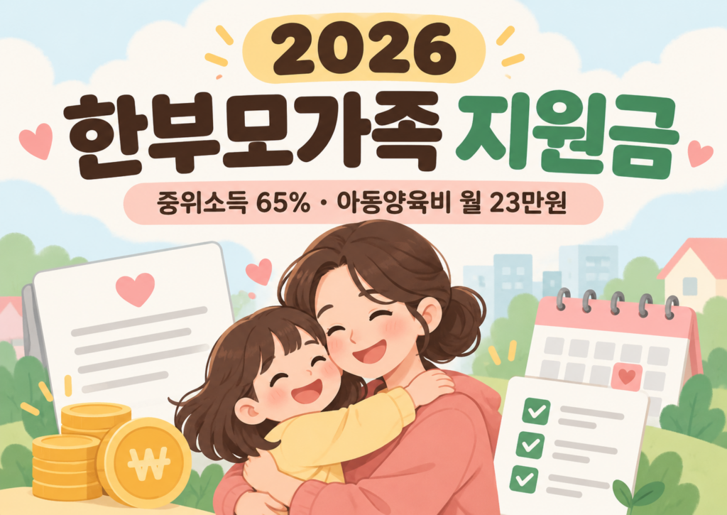 2026 한부모가족 지원금 중위소득 65% 아동양육비 월 23만원 안내