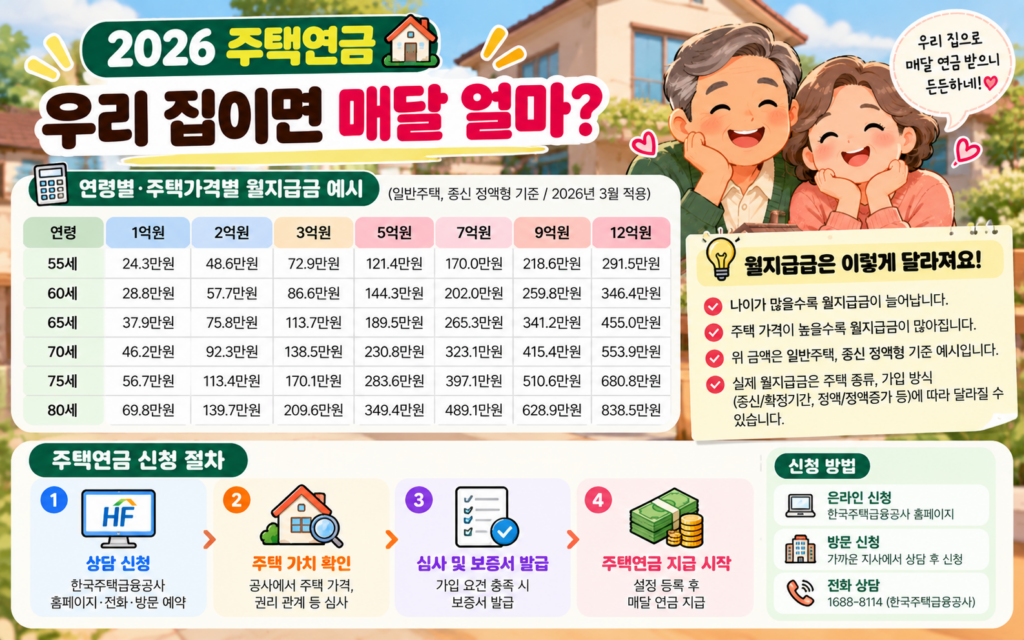 2026 주택연금 월수령액 연령별 주택가격별 예상금액 신청방법 안내