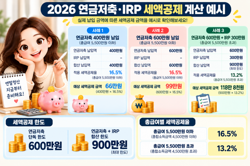 2026 연말정산 연금저축 IRP 세액공제 계산 예시 납입액 400만원 600만원 900만원에 따른 예상 세액공제 금액 66만원 99만원 118만 8천원