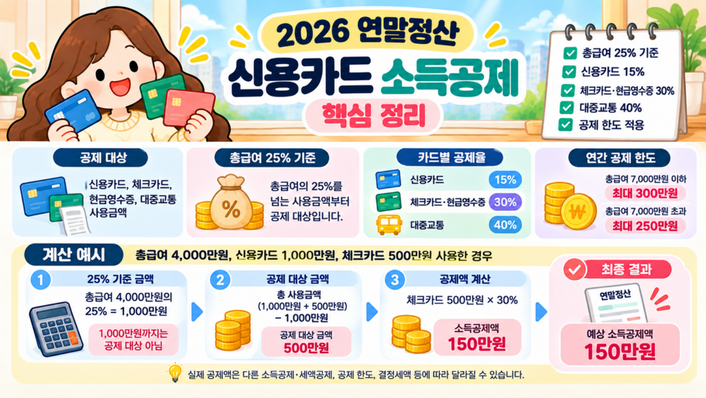 2026 연말정산 신용카드 소득공제 계산 예시 총급여 4000만원 신용카드 1000만원 체크카드 500만원 사용 시 소득공제액 150만원
