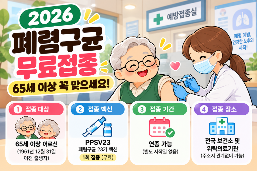 2026 폐렴구균 무료접종 65세 이상 대상 PPSV23 1회 연중 무료접종 안내