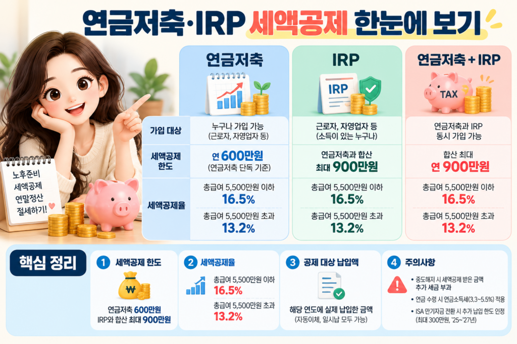 2026 연말정산 연금저축 IRP 세액공제 한도 연금저축 600만원 IRP 합산 900만원 및 총급여별 공제율 16.5% 13.2% 비교