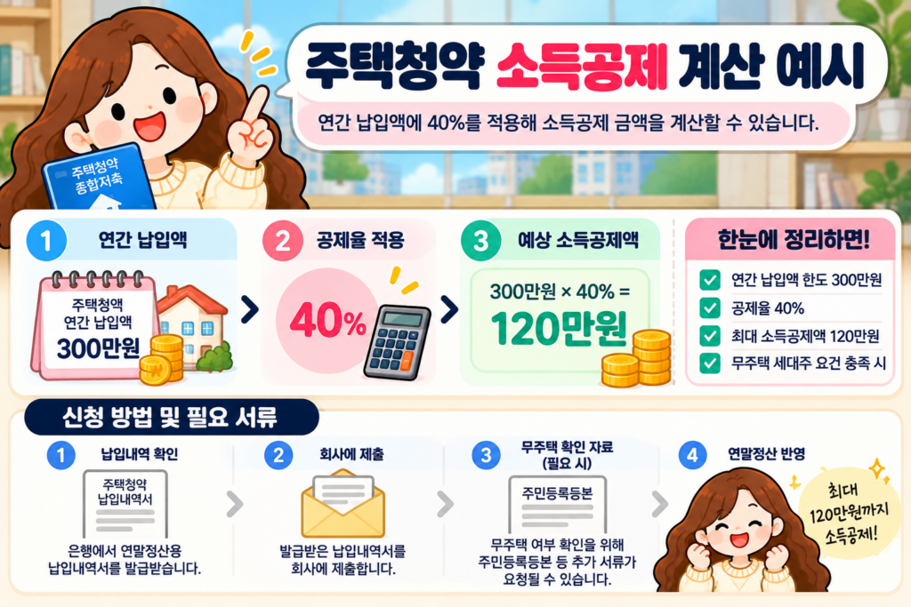 2026 연말정산 주택청약 소득공제 계산 예시 연간 납입액 300만원 공제율 40% 최대 소득공제액 120만원 및 신청 서류 안내