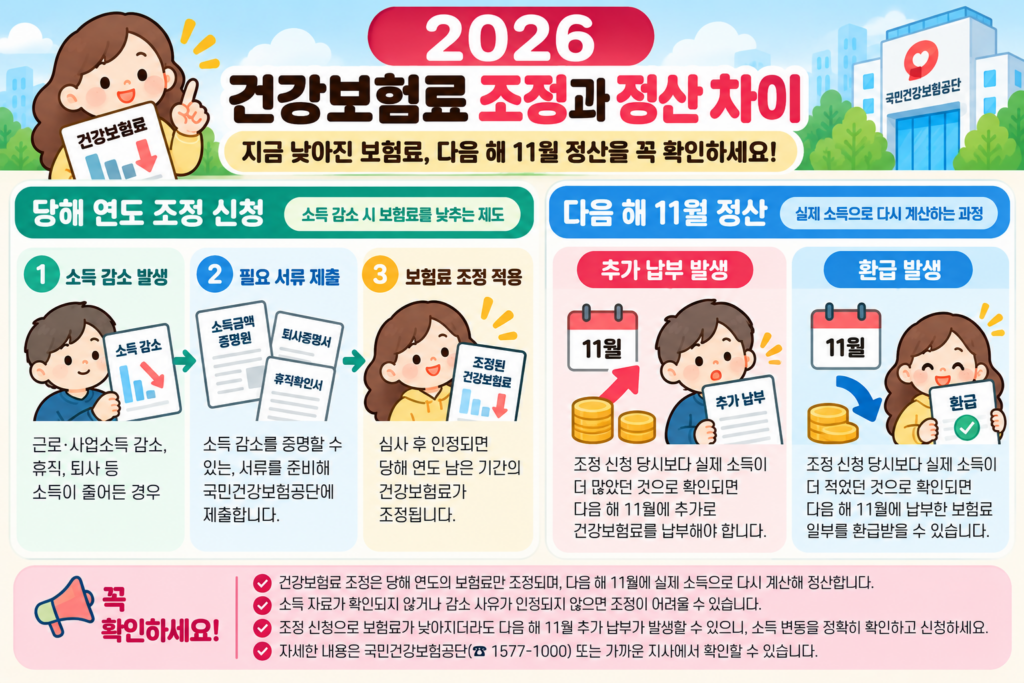 2026 건강보험료 조정과 정산 차이, 소득 감소 시 보험료 조정 신청 및 다음 해 11월 추가 납부·환급 안내