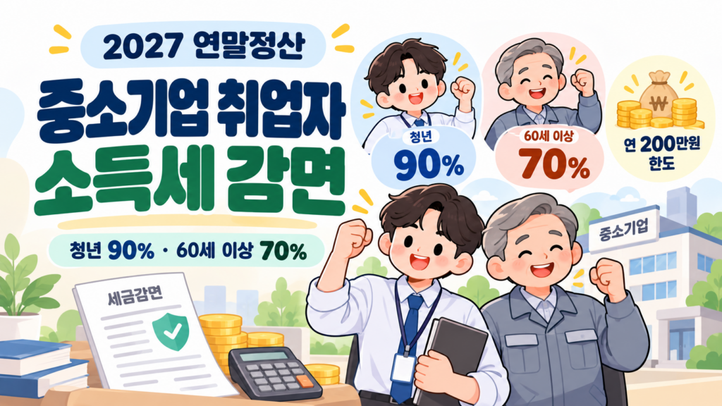 2027 연말정산 중소기업 취업자 소득세 감면 안내, 청년 90%, 60세 이상 70%, 연 200만원 한도 일러스트