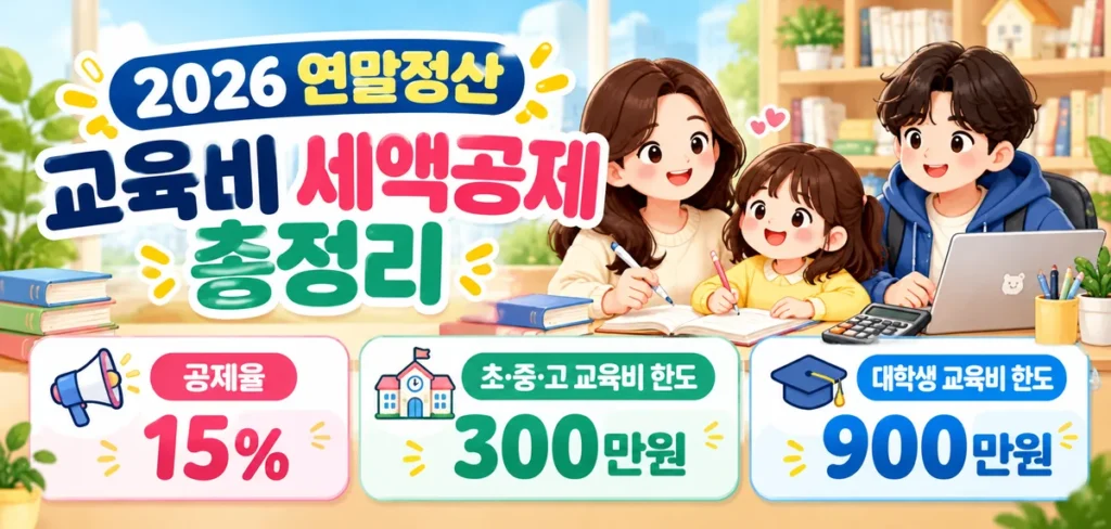 2026 연말정산 교육비 세액공제 총정리 공제율 15% 취학 전 초중고 300만원 대학생 900만원 공제 대상 교육비 한도 안내