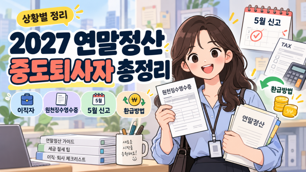 2027 연말정산 중도퇴사자 총정리 일러스트, 이직자 원천징수영수증 발급과 5월 종합소득세 신고 및 환급 방법 안내