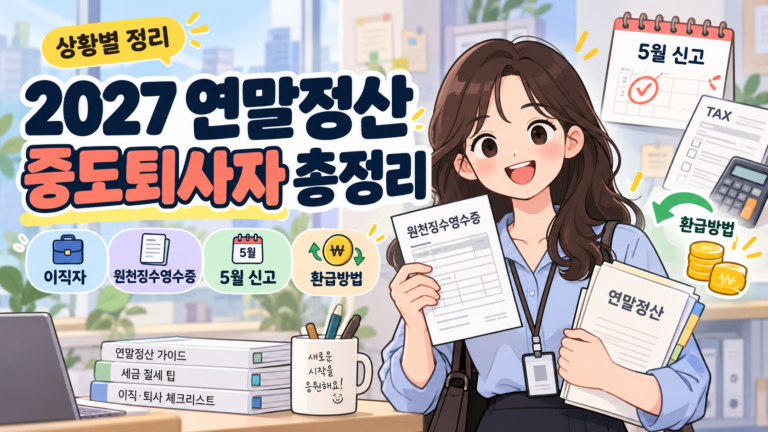 2027 연말정산 중도퇴사자 총정리 일러스트, 이직자 원천징수영수증 발급과 5월 종합소득세 신고 및 환급 방법 안내