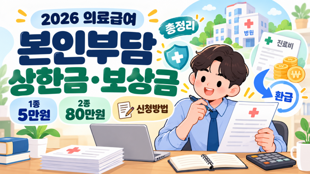 2026 의료급여 본인부담 상한금·보상금 총정리, 의료급여 1종 월 5만원·2종 연 80만원 상한기준과 신청방법 안내 일러스트
