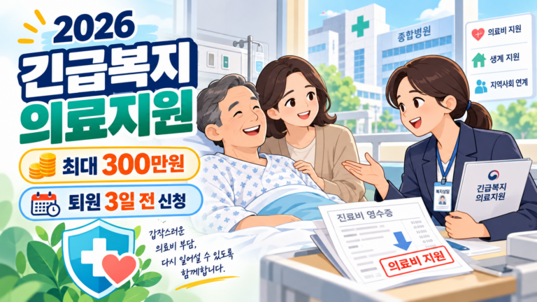 2026 긴급복지 의료지원 최대 300만원 신청 안내 일러스트. 퇴원 요청 시점은 공식자료 간 표현 차이가 있어 입원 중 관할 지자체에 즉시 확인 필요
