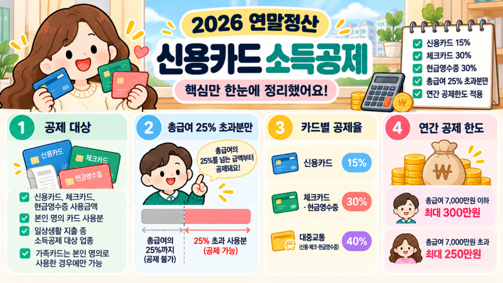2026 연말정산 신용카드 소득공제 총급여 25% 초과 사용 기준 신용카드 15% 체크카드 30% 공제율 안내