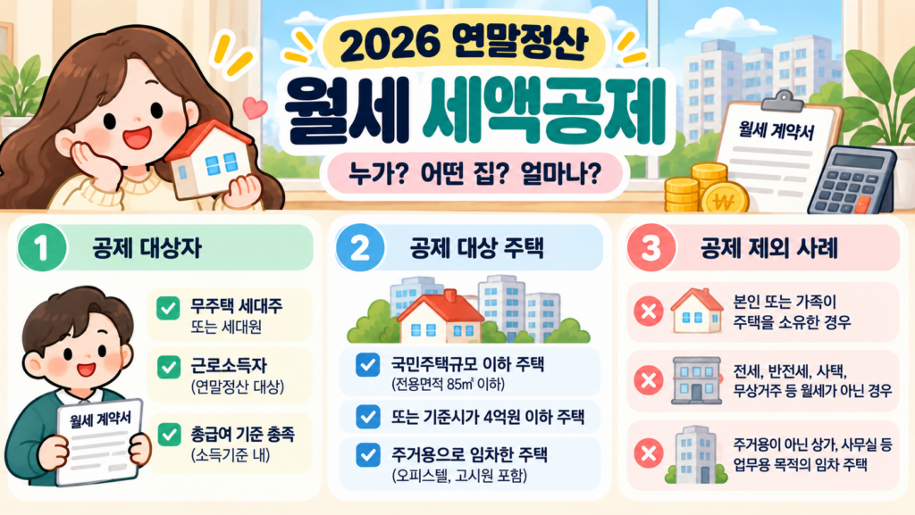 2026 연말정산 월세 세액공제 대상자의 무주택 요건과 소득기준 주택 면적 및 기준시가 조건 안내