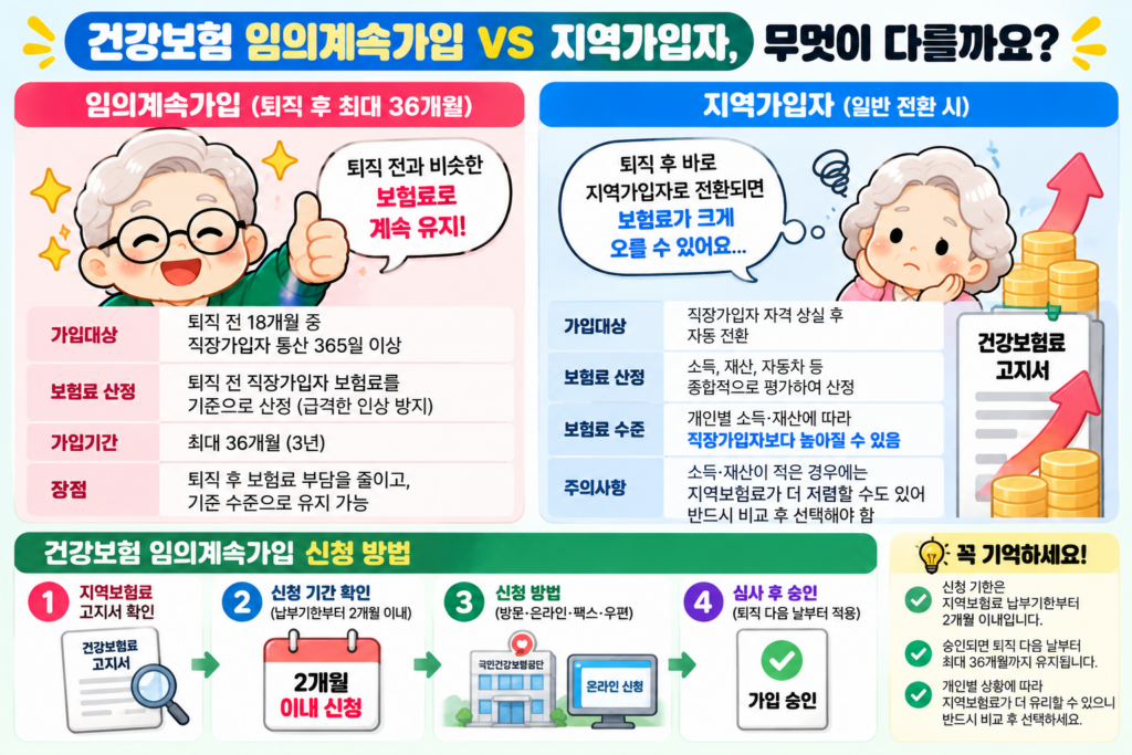2026 건강보험 임의계속가입 지역가입자 보험료 비교와 최대 36개월 신청방법