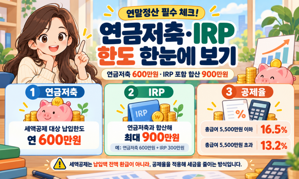 2026 연말정산 연금저축 IRP 세액공제 한도 비교 이미지 연금저축 600만원 IRP 포함 900만원 한도 한눈에 보기