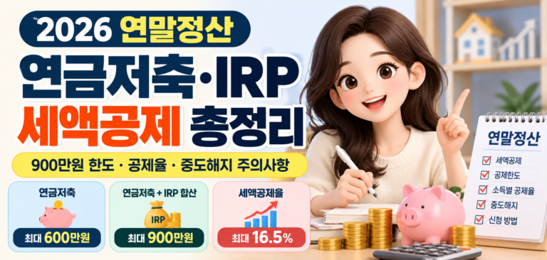 2026 연말정산 연금저축 IRP 세액공제 총정리 600만원 900만원 한도 공제율 중도해지 주의사항 안내