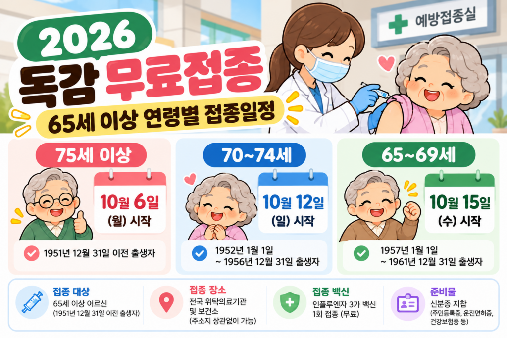 2026 독감 무료접종 65세 이상 75세 70세 65세 연령별 접종 시작일 안내